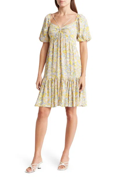 Lovestitch Cinched Bodice Mini Dress In Blue/ Lemon