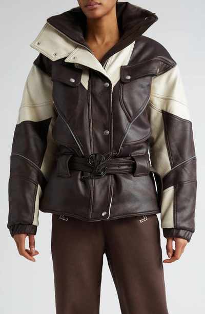 Luar Belted Tech Faux Leather Puffer Jacket In Tri-color Mocha