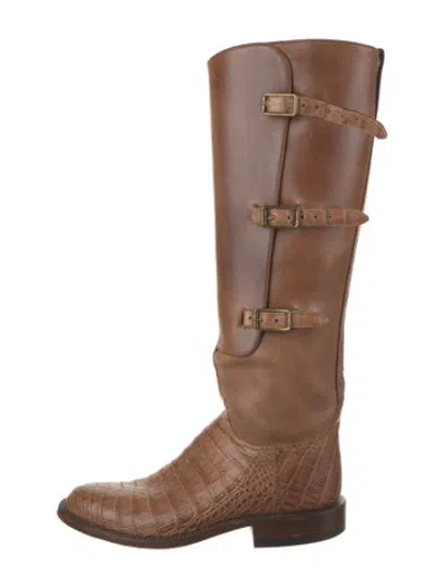 Pre-owned Lucchese Leather Animal Print Riding Boots In Brown