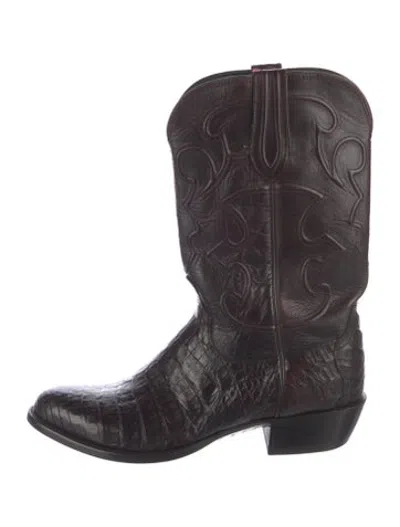 Pre-owned Lucchese Leather Animal Print Western Boots In Brown
