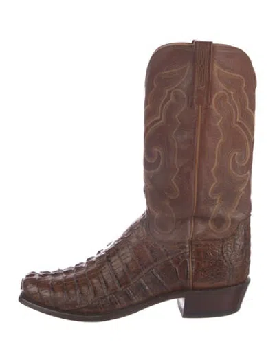 Pre-owned Lucchese Leather Animal Print Western Boots In Brown
