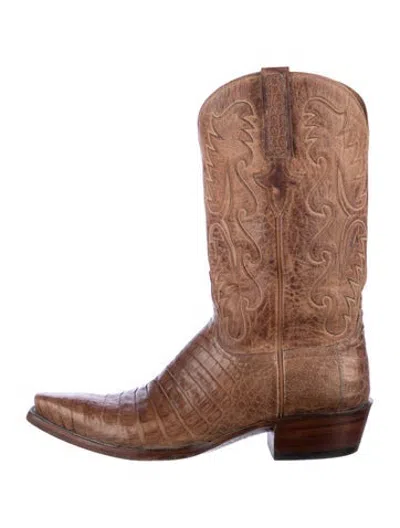 Pre-owned Lucchese Leather Animal Print Western Boots In Brown
