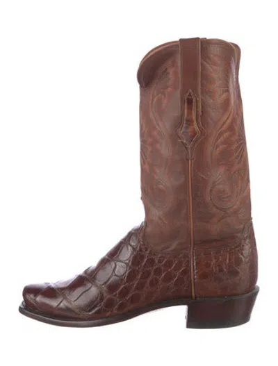Pre-owned Lucchese Leather Animal Print Western Boots In Brown