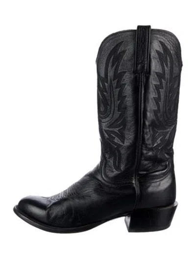Pre-owned Lucchese Leather Embroidered Accent Western Boots In Black