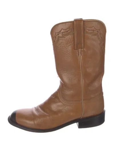 Pre-owned Lucchese Leather Embroidered Accent Western Boots In Brown