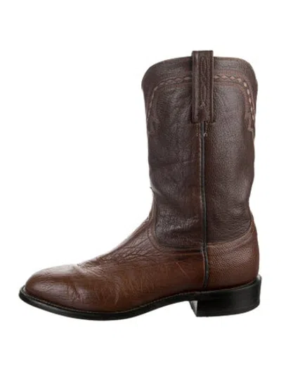 Pre-owned Lucchese Leather Embroidered Accent Western Boots In Brown