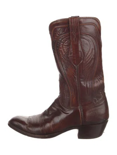 Pre-owned Lucchese Leather Embroidered Accent Western Boots In Brown