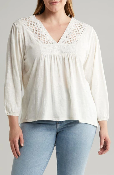 Lucky Brand Cutwork Peasant Top In Whisper White