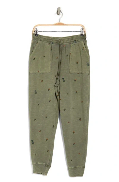 Lucky Brand Floral Embroidered French Terry Joggers In Dusty Olive