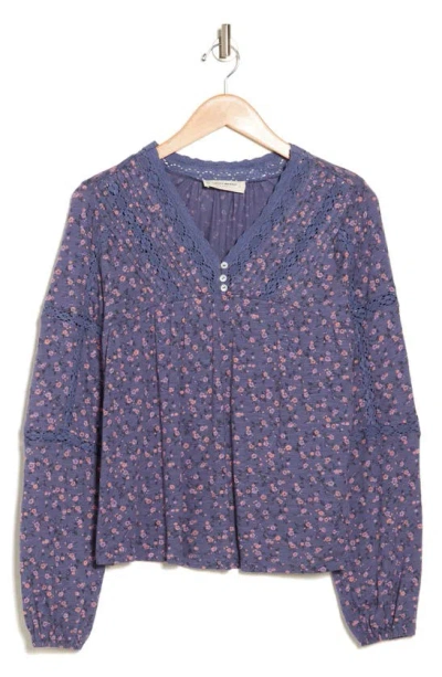 Lucky Brand Floral Print Lace Inset Top In Blue Multi