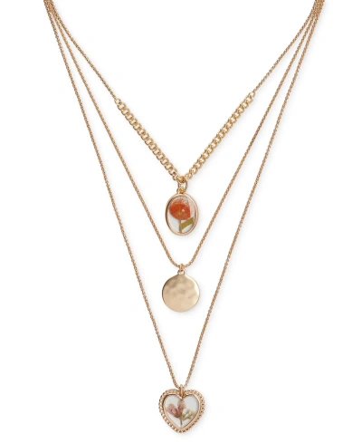 Lucky Brand Gold-tone Pressed Flower Charm Three-row Layer Necklace, 22" + 3" Extender