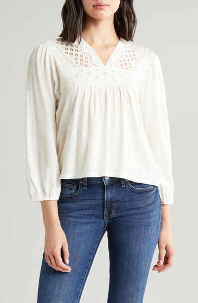Lucky Brand Lace Trim Cotton Peasant Top In Whisper White