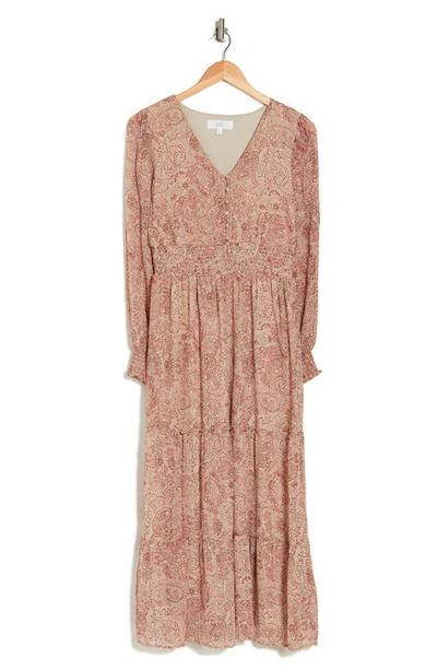 Lucky Brand Paisley Long Sleeve Tiered Maxi Dress In Light Tan Floral