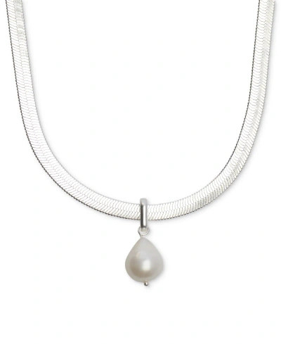 Lucky Brand Silver-tone Freshwater Pearl Herringbone Pendant Necklace, 15-1/4" + 3" Extender