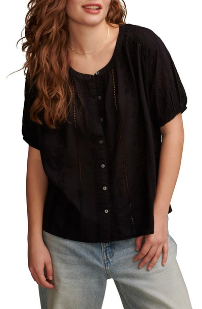 Lucky Brand Smocked Shoulder Top In Caviar