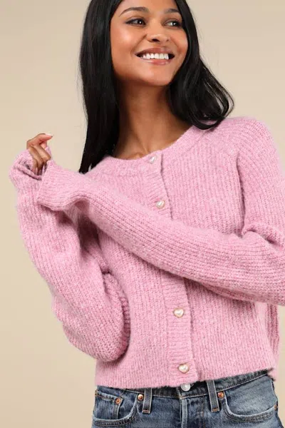 Lulus Coziest Crush Pink Marled Heart Button Cardigan