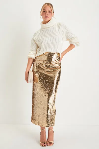 Lulus Dazzling Appearance Gold Sequin High Rise Midi Skirt