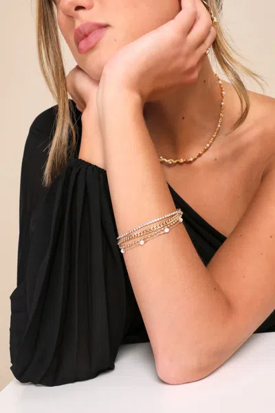 Lulus Dazzling Shine Gold Pearl Rhinestone Layered Chain Bracelet