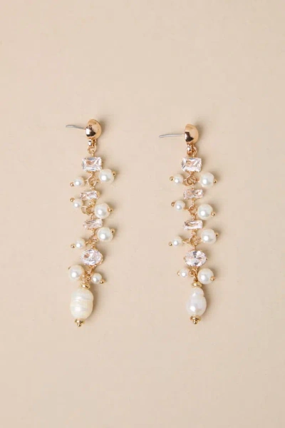 Lulus Decadent Approach Gold Pearl Rhinestone Drop Earrings