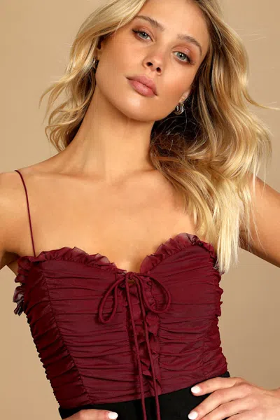 Lulus Some Nights Burgundy Lace-up Ruched Sleeveless Bodysuit
