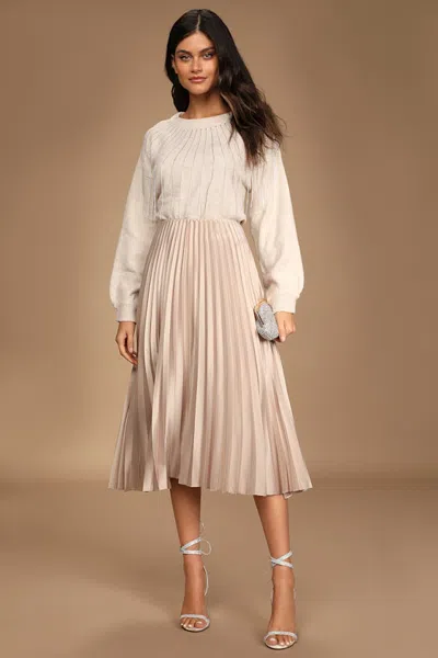 Lush Pleat And Greet Champagne Pleated Satin Midi Skirt