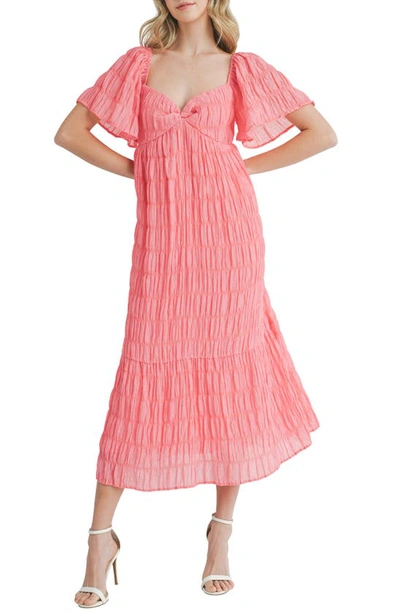 Lush Textured Flutter Sleeve Midi Dress In Pink