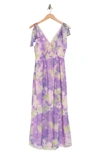 Lush Tie Shoulder Chiffon Maxi Dress In Purple Ivory