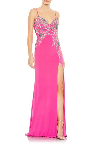 Mac Duggal Beaded Floral Detail Side Slit Gown In Candy Pink