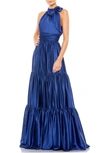 Mac Duggal Bow Detail Tiered Satin A-line Gown In Sapphire