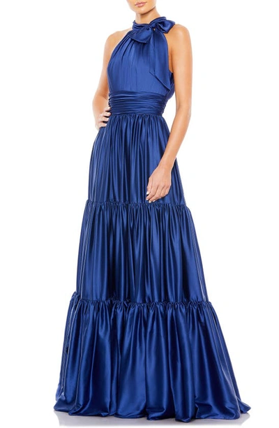 Mac Duggal Bow Detail Tiered Satin A-line Gown In Sapphire