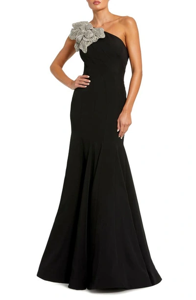 Mac Duggal Crystal Flower One-shoulder Trumpet Gown In Black