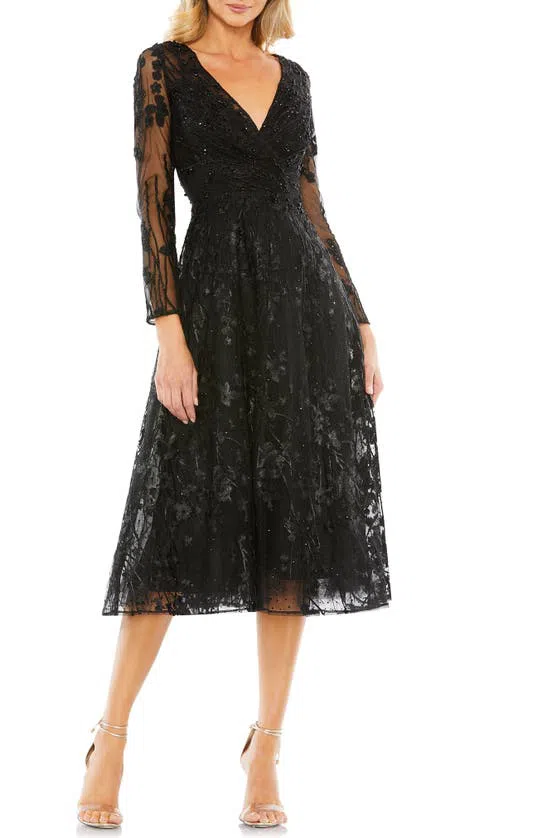 Mac Duggal Embellished Floral Lace Long Sleeve Fit & Flare Cocktail Dress  In Black | ModeSens