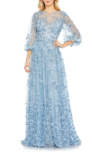 Mac Duggal Embroidered Puff Sleeve A-line Gown In Blue