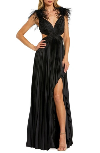Mac Duggal Feather Detail Cutout Pleated Gown In Black