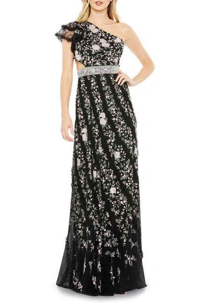 Mac Duggal Floral Embroidered Ruffle One-shoulder Gown In Black Multi