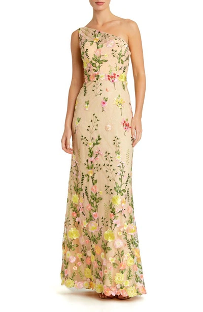 Mac Duggal Floral Embroidery One-shoulder Gown In Yellow Multi