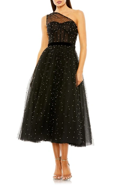 Mac Duggal Imitation Pearl Detail One-shoulder Cocktail Midi Dress In Black