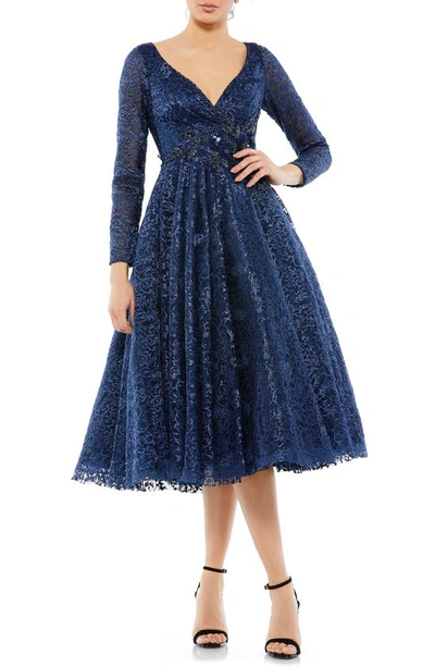 Mac Duggal Lace Long Sleeve Fit & Flare Cocktail Dress In Midnight