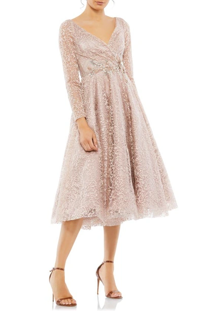 Mac Duggal Lace Long Sleeve Fit & Flare Cocktail Dress In Nude