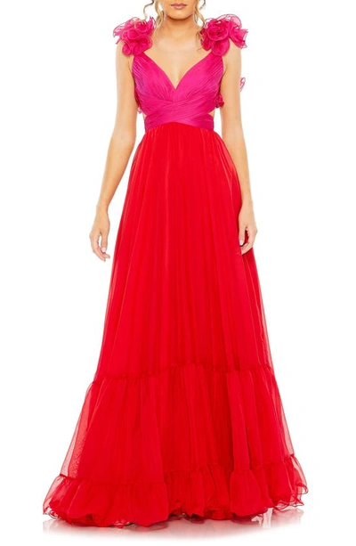 Mac Duggal Ruffle Detail Open Back Tiered Gown In Red Pink