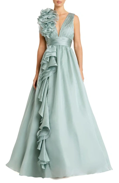 Mac Duggal Ruffle Detail Ruched Chiffon Ballgown In Mint