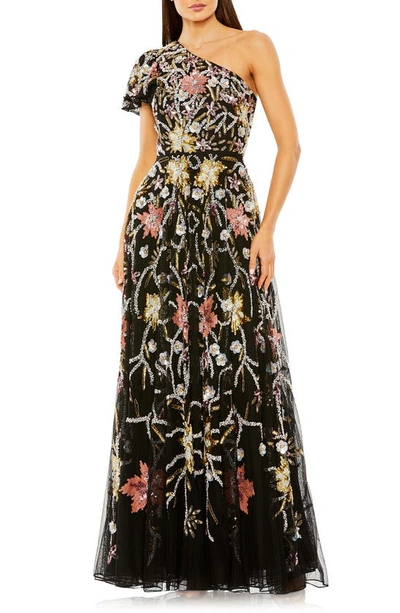 Mac Duggal Sequin Floral One-shoulder Mesh A-line Gown In Black Multi