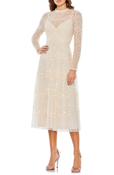Mac Duggal Sequin Long Sleeve Mesh Cocktail Dress In Sand