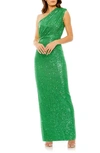 Mac Duggal Sequin One-shoulder Column Gown In Green