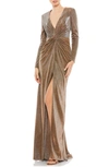 Mac Duggal Sparkle Twist Front Long Sleeve Gown In Bronze