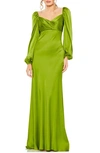 Mac Duggal Sweetheart Neck Long Sleeve Satin Gown In Apple Green