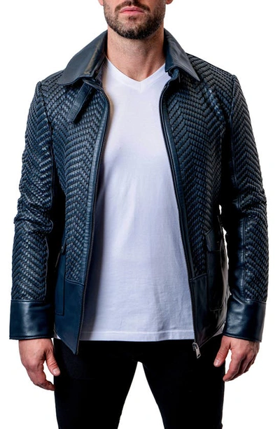 Maceoo Tresser Woven Leather Jacket In Blue