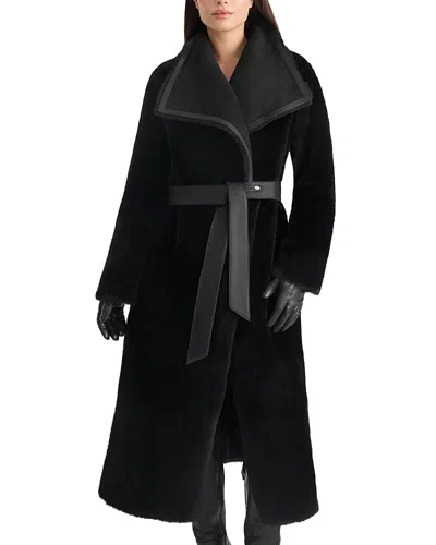 Mackage Marian Shearling Reversible Wrap Coat In Black