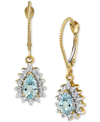 Macy's Aquamarine (3/4 Ct. T.w.) & Diamond Halo (1/4 Ct. T.w.) Leverback Drop Earrings In 14k Gold