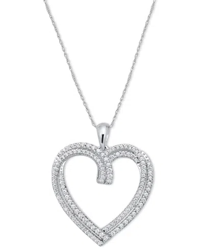 Macy's Diamond Double Row Heart Pendant Necklace (1/2 Ct. T.w.) In Sterling Silver, 16" + 2" Extender